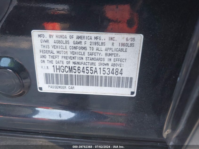2005 Honda Accord Lx VIN: 1HGCM56455A153484 Lot: 39782368