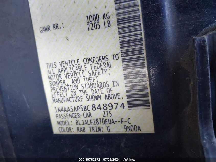 2011 Nissan Maxima 3.5 Sv VIN: 1N4AA5AP5BC848974 Lot: 39782372