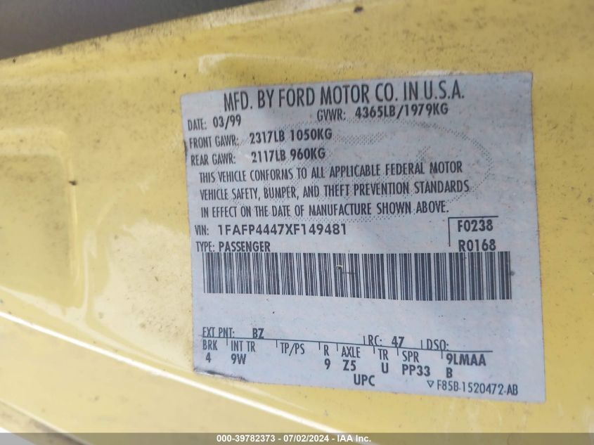 1999 Ford Mustang VIN: 1FAFP4447XF149481 Lot: 39782373