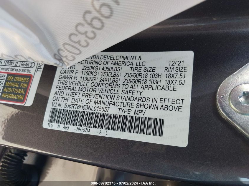 2022 Honda Cr-V Ex VIN: 5J6RT6H53NL015657 Lot: 39782375
