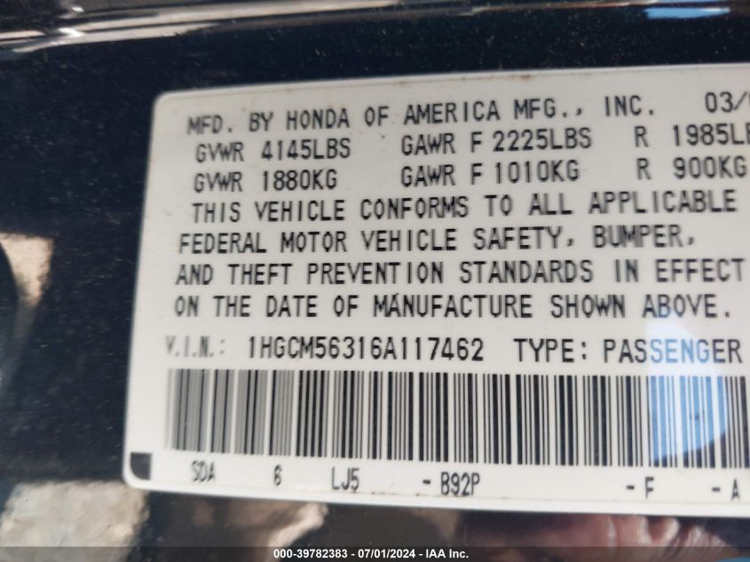 2006 Honda Accord 2.4 Se VIN: 1HGCM56316A117462 Lot: 39782383