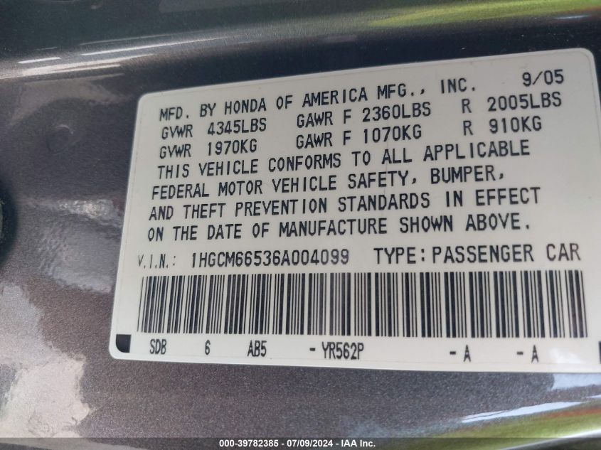 2006 Honda Accord 3.0 Ex VIN: 1HGCM66536A004099 Lot: 39782385