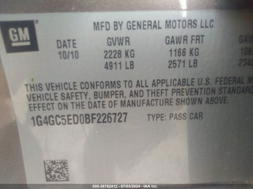 2011 Buick Lacrosse Cxl VIN: 1G4GC5ED0BF226727 Lot: 39782412