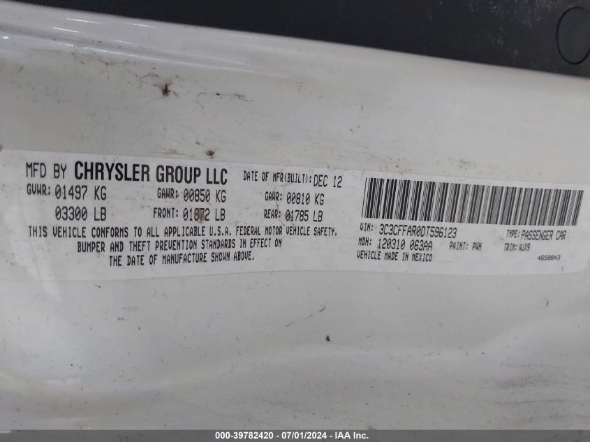 2013 Fiat 500 Pop VIN: 3C3CFFARODT596123 Lot: 39782420