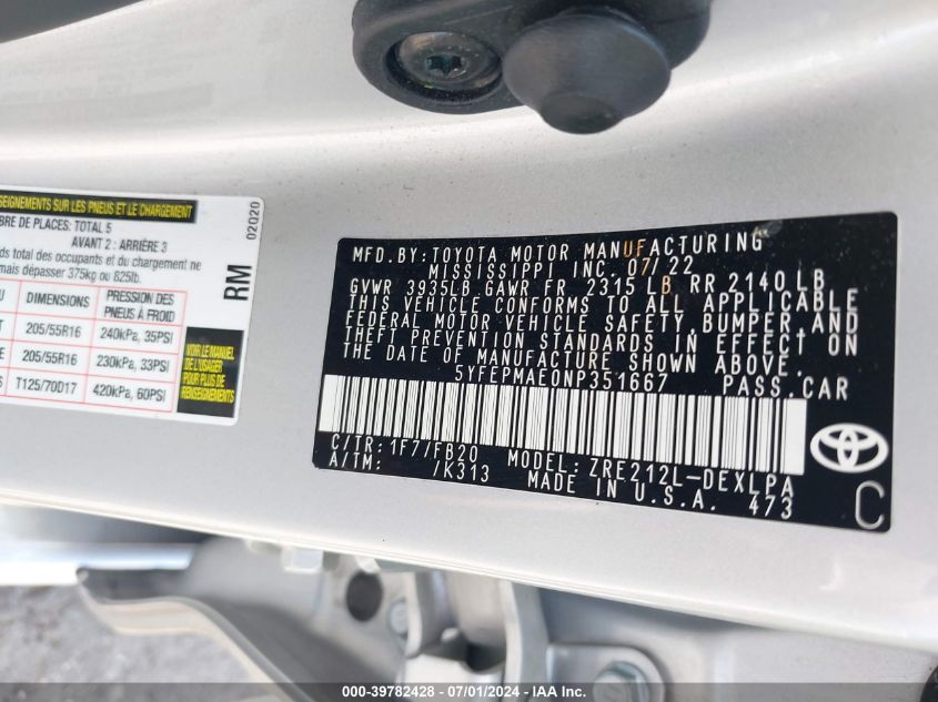 2022 TOYOTA COROLLA LE - 5YFEPMAE0NP351667