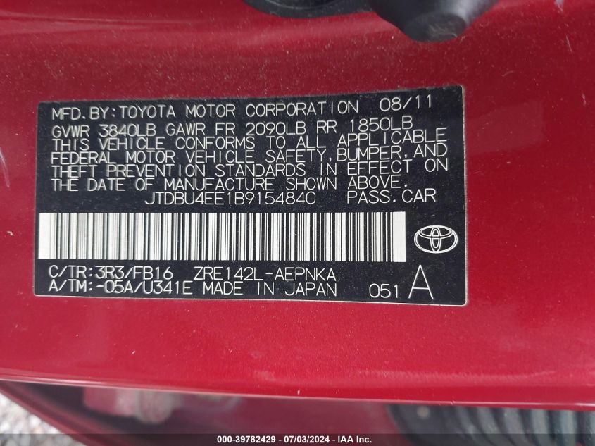 2011 Toyota Corolla S/Le VIN: JTDBU4EE1B9154840 Lot: 39782429