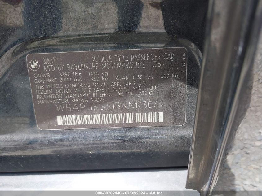 2011 BMW 328I VIN: WBAPH5G51BNM73074 Lot: 39782446