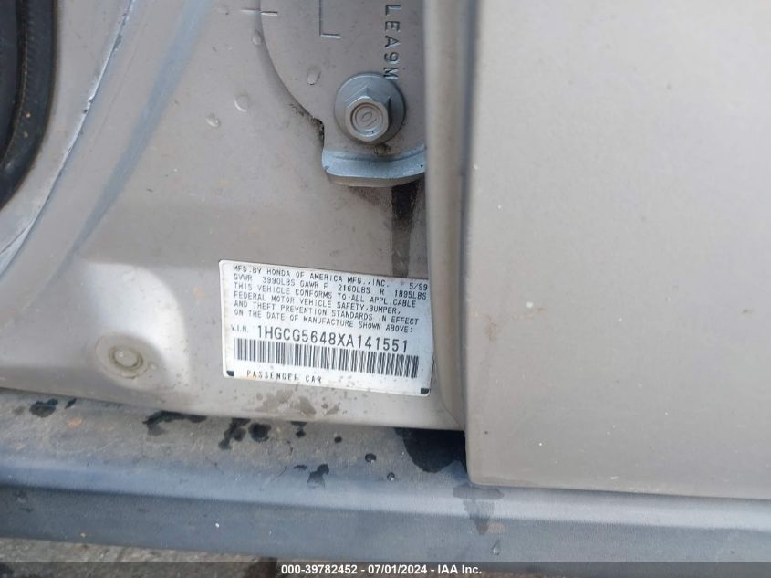 1999 Honda Accord Lx VIN: 1HGCG5648XA141551 Lot: 39782452