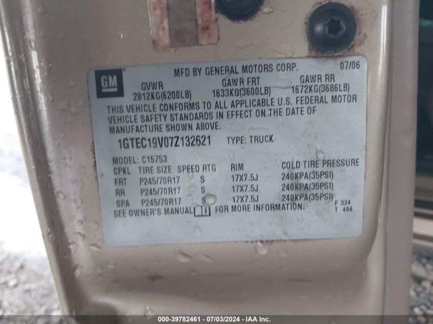 2007 GMC Sierra 1500 Classic C1500 Classic VIN: 1GTEC19V07Z132621 Lot: 39782461