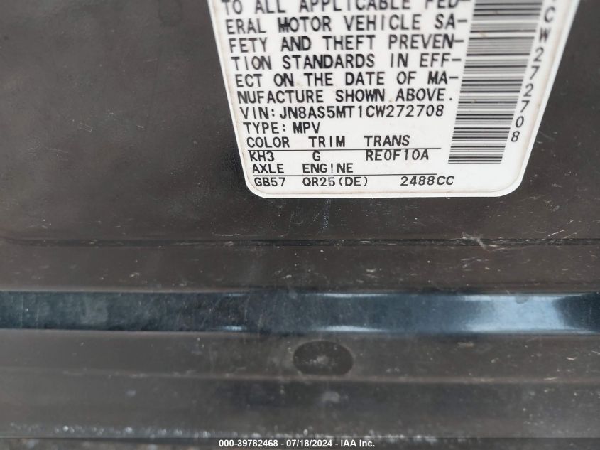 2012 Nissan Rogue Sv W/Sl Pkg VIN: JN8AS5MT1CW272708 Lot: 39782468