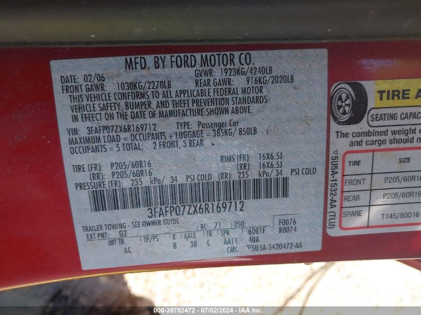 2006 Ford Fusion Se VIN: 3FAFP07ZX6R169712 Lot: 39782472