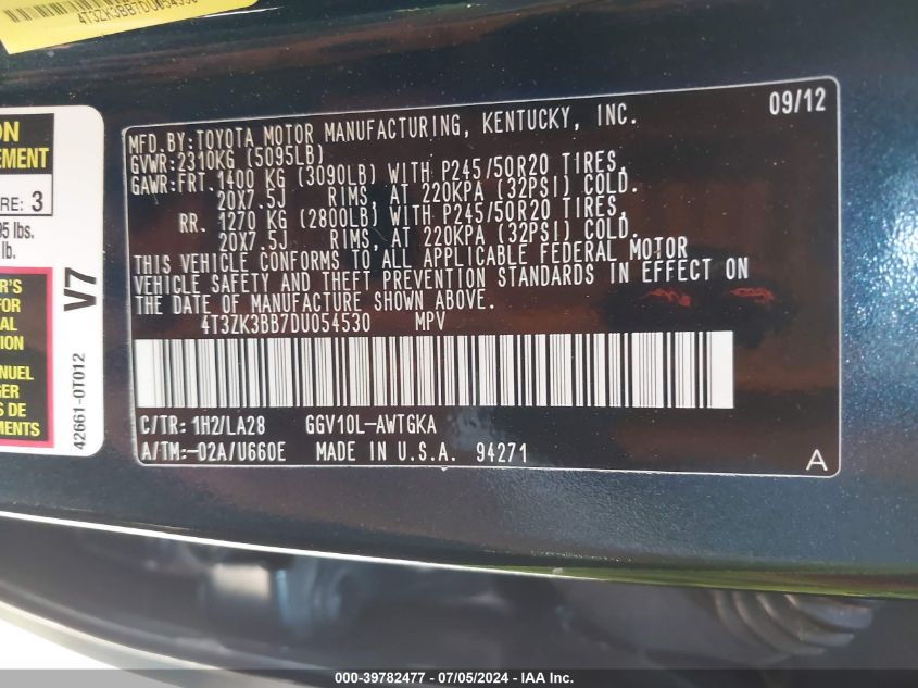 2013 Toyota Venza Xle V6 VIN: 4T3ZK3BB7DU054530 Lot: 39782477