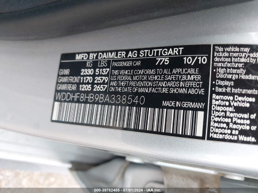 2011 Mercedes-Benz E 350 4Matic VIN: WDDHF8HB9BA338540 Lot: 39782485