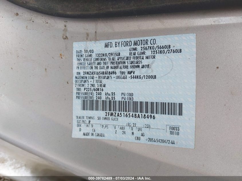 2004 Ford Freestar Se VIN: 2FMZA51654BA18496 Lot: 39782489