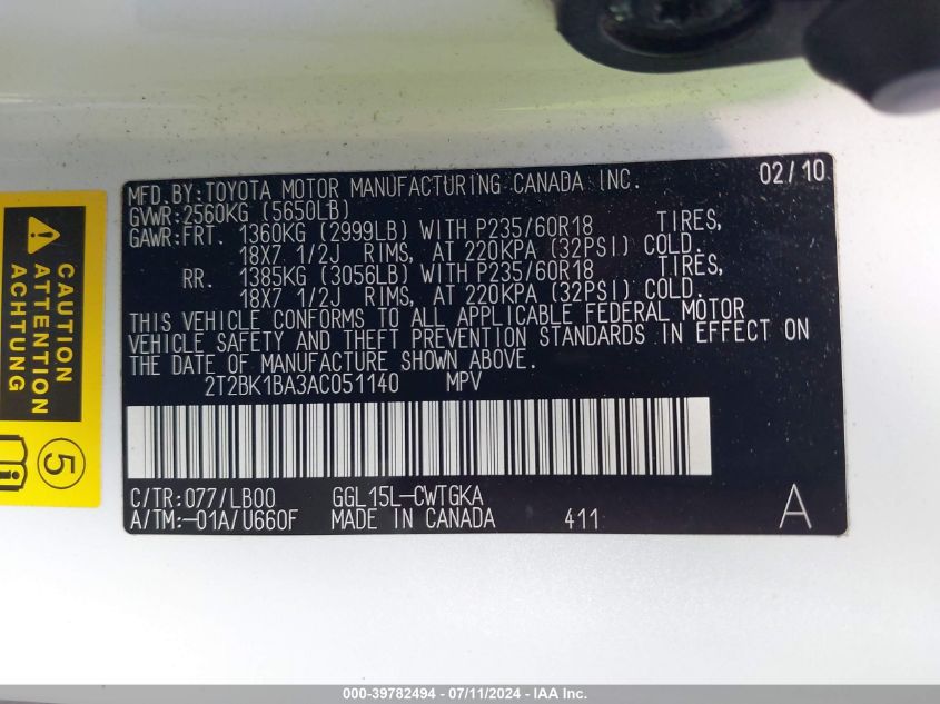 2010 Lexus Rx 350 VIN: 2T2BK1BA3AC051140 Lot: 39782494