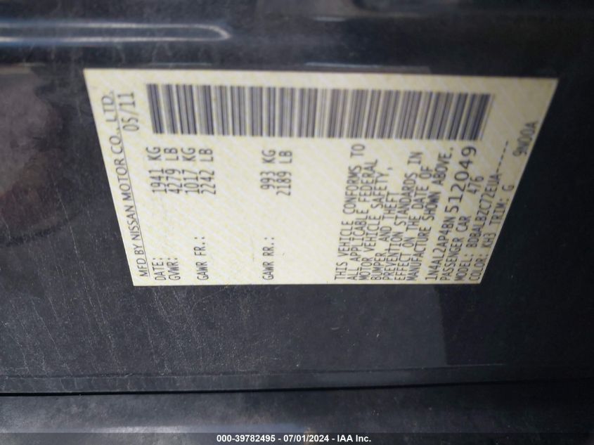 2011 Nissan Altima 2.5 S VIN: 1N4AL2AP4BN512049 Lot: 39782495