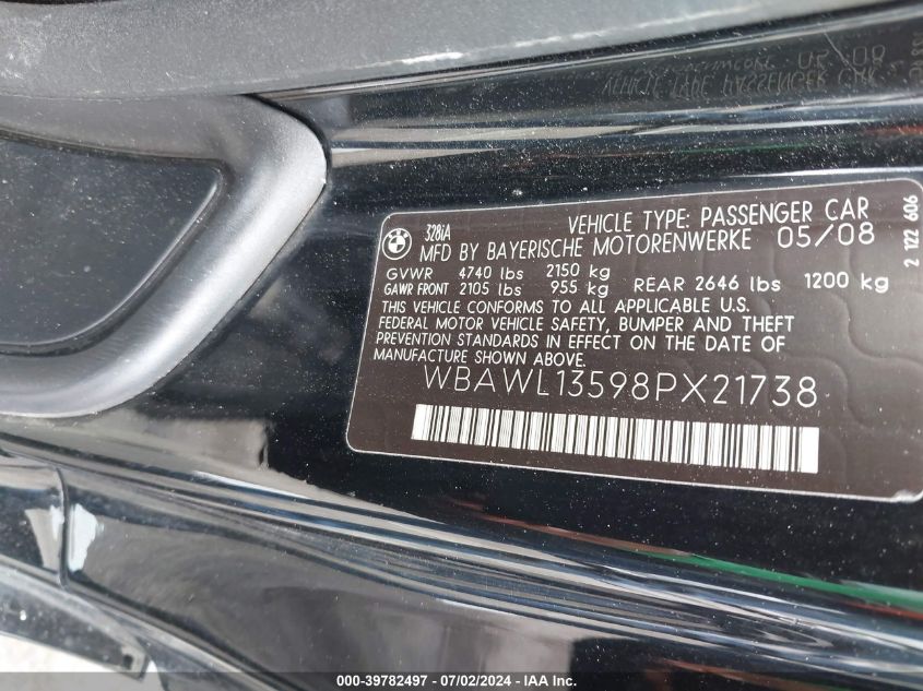 2008 BMW 328 I VIN: WBAWL13598PX21738 Lot: 39782497