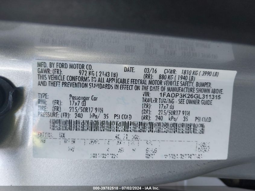 2016 Ford Focus Se VIN: 1FADP3K26GL311315 Lot: 39782518