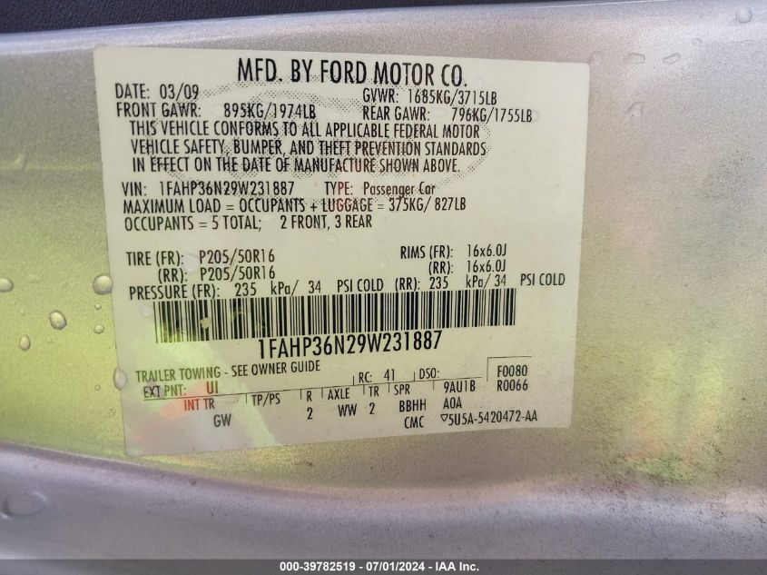 2009 Ford Focus Ses VIN: 1FAHP36N29W231887 Lot: 39782519