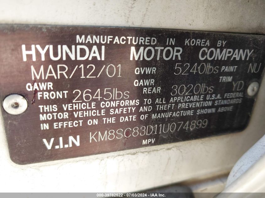 2001 Hyundai Santa Fe 2.7L V6 Gls/2.7L V6 Lx VIN: KM8SC83D11U074899 Lot: 39782522