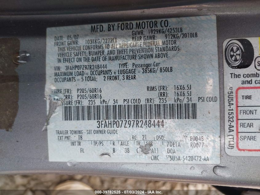 2007 Ford Fusion Se VIN: 3FAHP07Z97R248444 Lot: 39782525