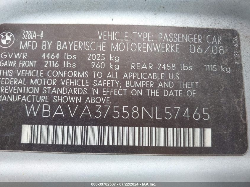 2008 BMW 328I VIN: WBAVA37558NL57465 Lot: 39782537