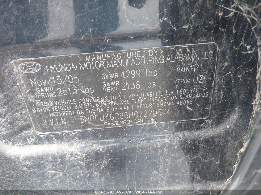 5NPEU46C66H072206 2006 Hyundai Sonata Gls
