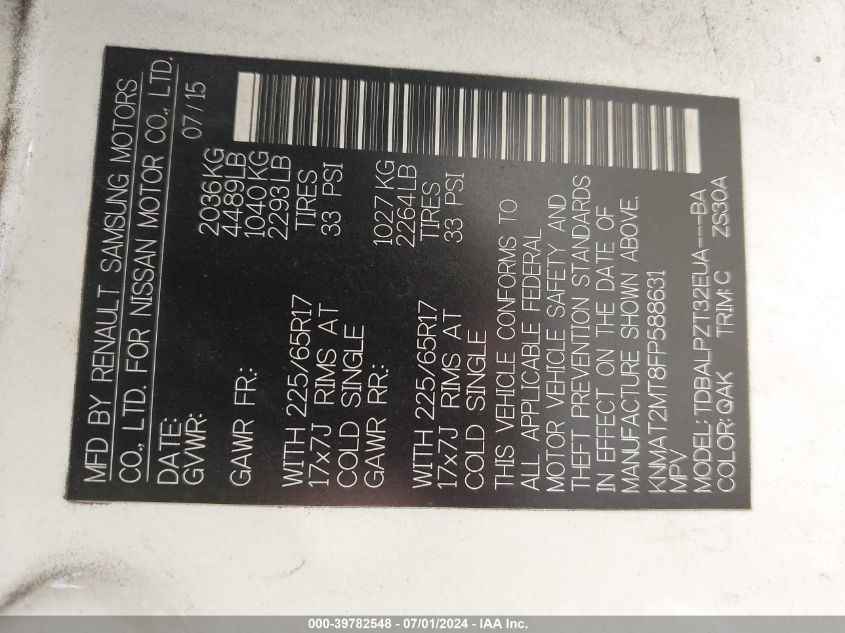 2015 Nissan Rogue S VIN: KNMAT2MT8FP588631 Lot: 39782548