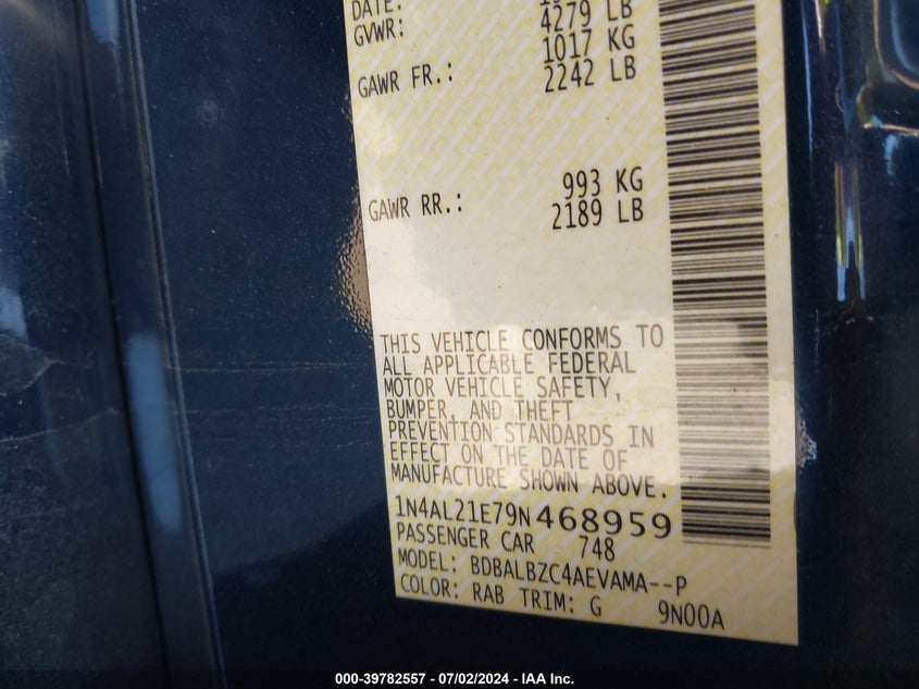 2009 Nissan Altima 2.5 S VIN: 1N4AL21E79N468959 Lot: 39782557