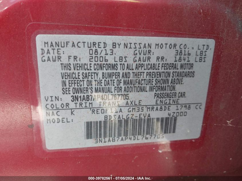 2013 Nissan Sentra Sl VIN: 3N1AB7AP4DL767705 Lot: 39782561