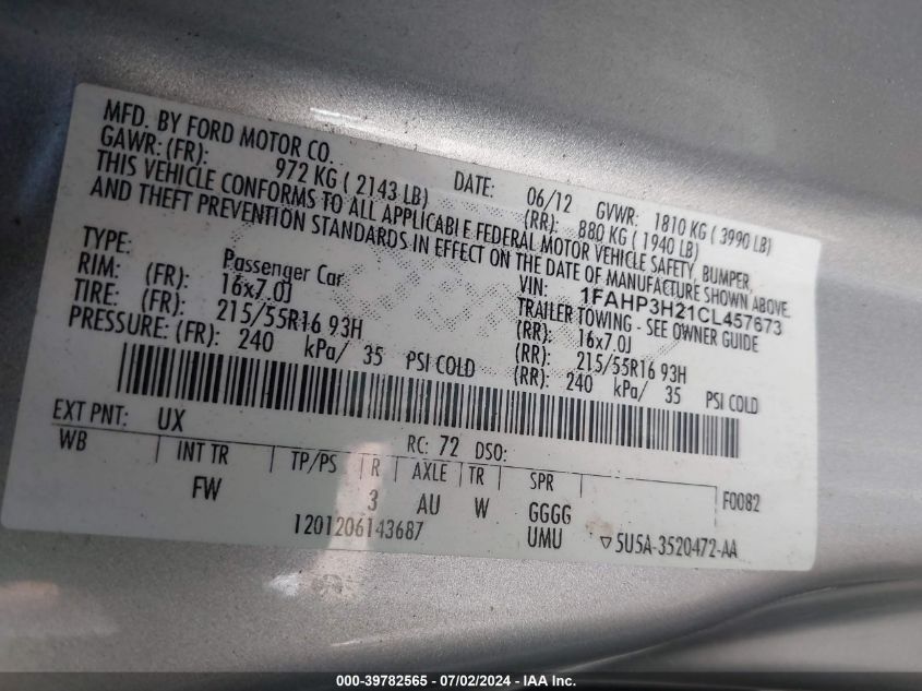 2012 Ford Focus Sel VIN: 1FAHP3H21CL457673 Lot: 39782565