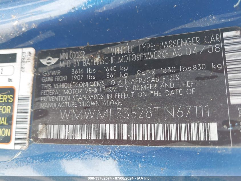 2008 Mini Cooper Clubman VIN: WMWML33528TN67111 Lot: 39782574