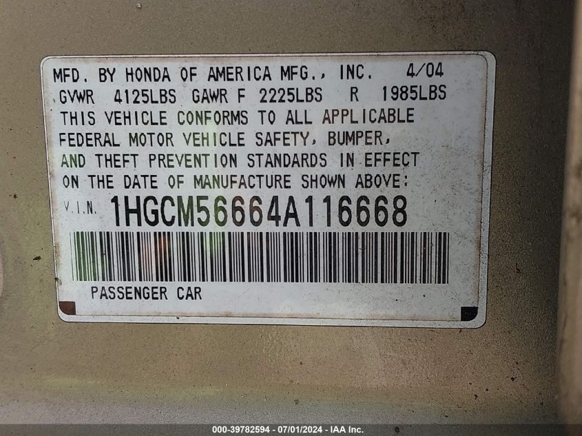 1HGCM56664A116668 | 2004 HONDA ACCORD