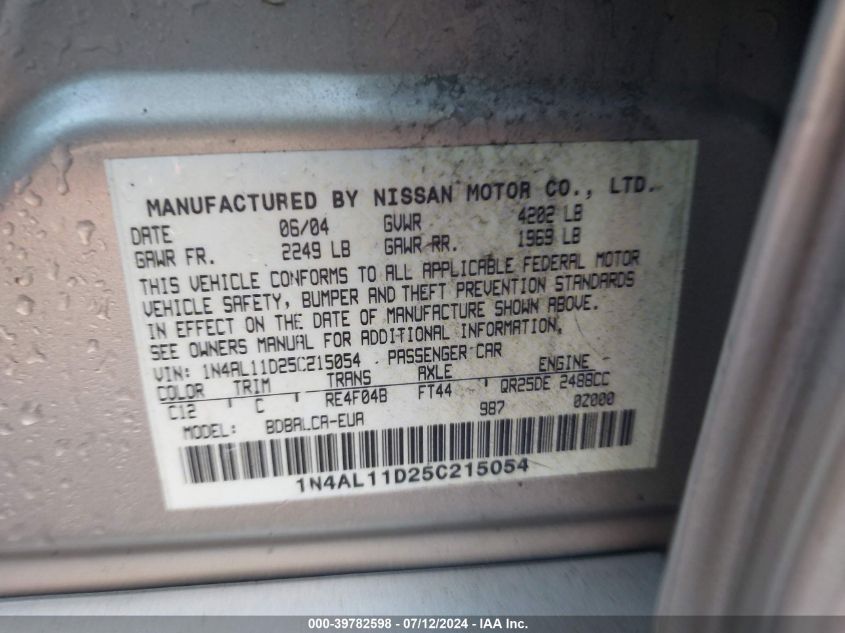 2005 Nissan Altima 2.5 S VIN: 1N4AL11D25C215054 Lot: 39782598
