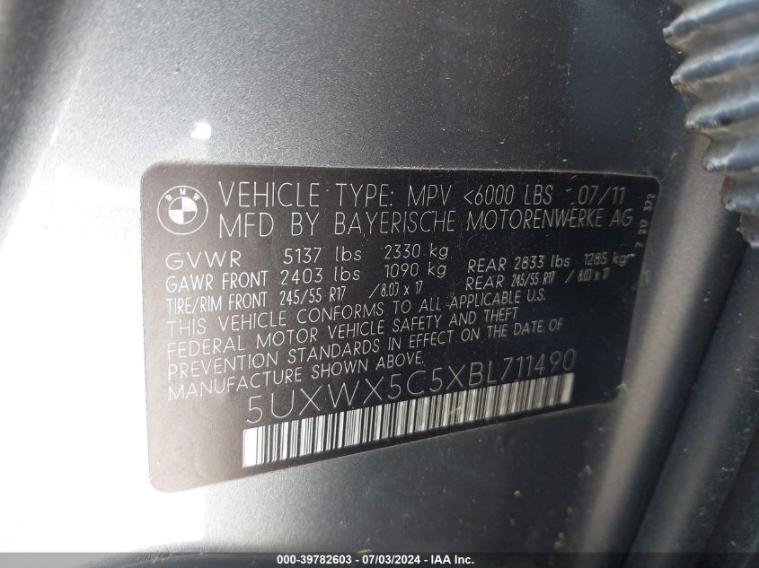 2011 BMW X3 xDrive28I VIN: 5UXWX5C5XBL711490 Lot: 39782603