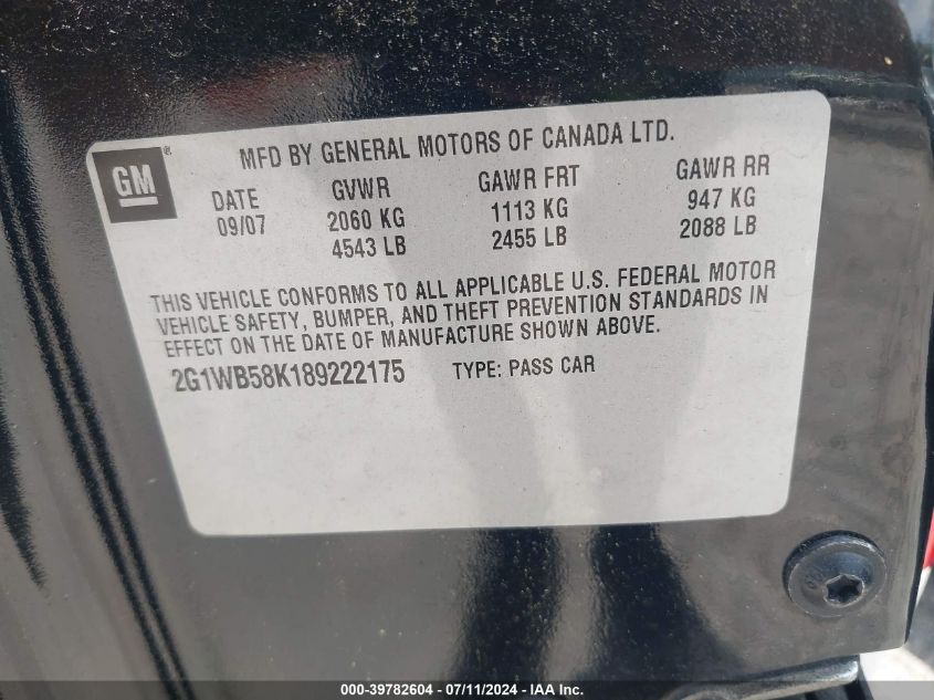 2008 Chevrolet Impala Ls VIN: 2G1WB58K189222175 Lot: 39782604
