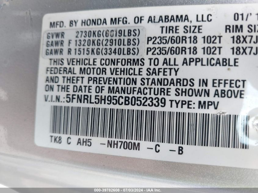 2012 Honda Odyssey Touring/Touring Elite VIN: 5FNRL5H95CB052339 Lot: 39782608