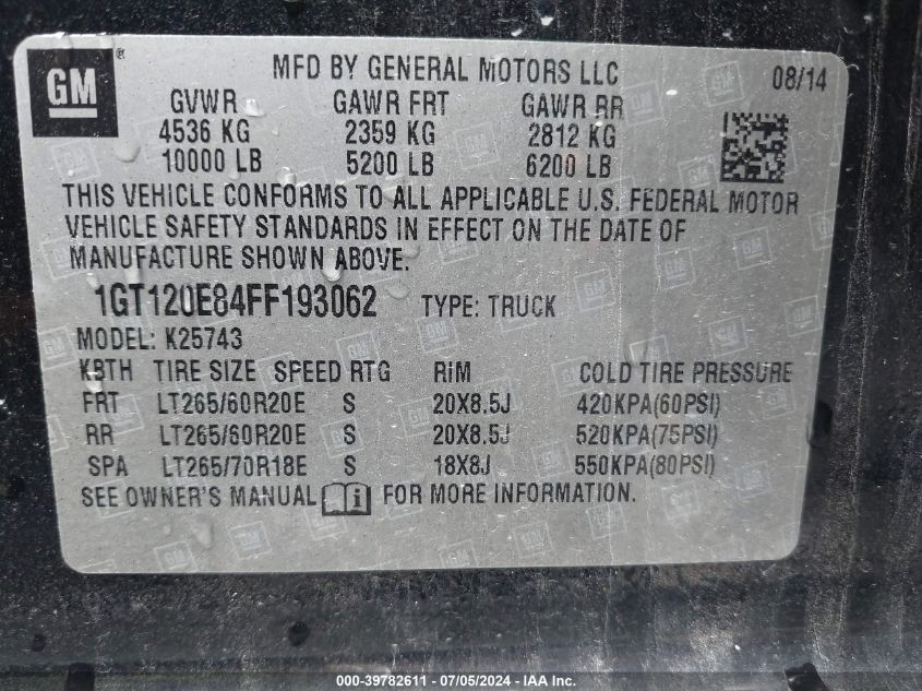 2015 GMC Sierra 2500Hd Denali VIN: 1GT120E84FF193062 Lot: 39782611