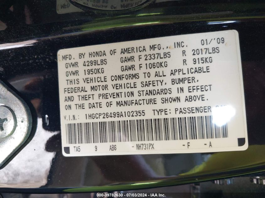 2009 Honda Accord 2.4 Lx-P VIN: 1HGCP26499A102355 Lot: 39782630