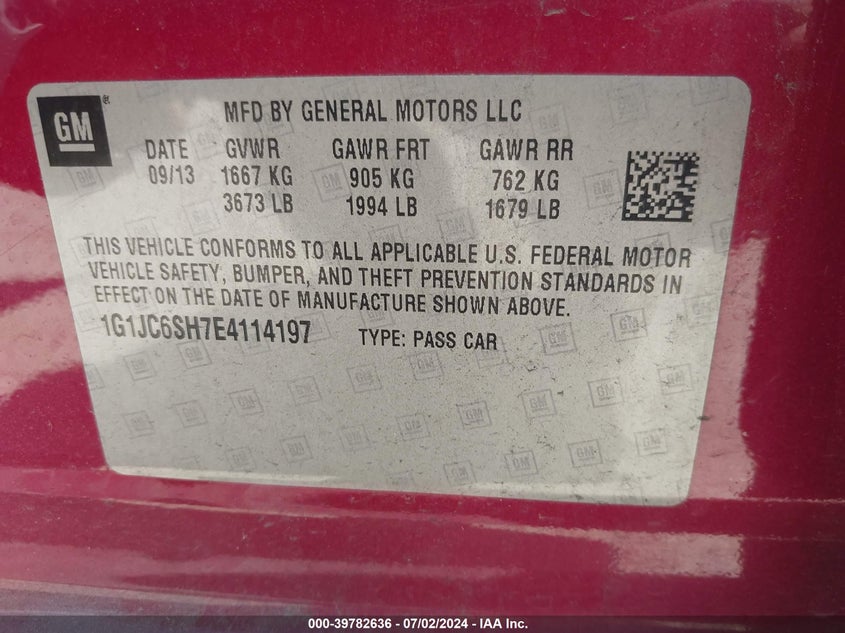 2014 Chevrolet Sonic Lt Auto VIN: 1G1JC6SH7E4114197 Lot: 39782636