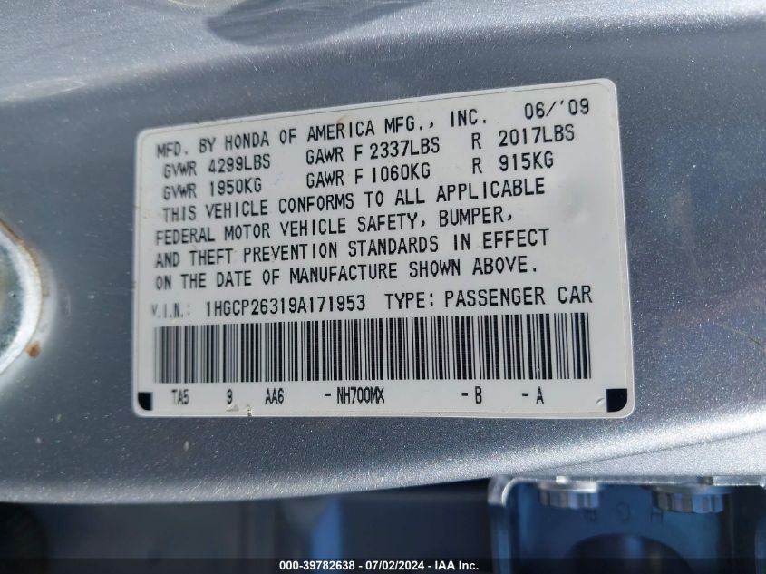 2009 Honda Accord 2.4 Lx VIN: 1HGCP26319A171953 Lot: 39782638
