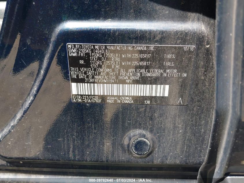 2017 Toyota Rav4 Xle VIN: 2T3RFREV0HW559411 Lot: 39782640