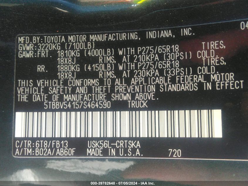 2007 Toyota Tundra Sr5 5.7L V8 VIN: 5TBBV54157S464590 Lot: 39782648