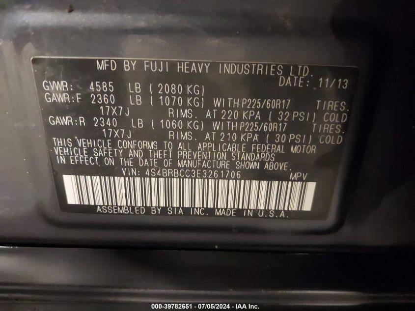 2014 Subaru Outback 2.5I Premium VIN: 4S4BRBCC3E3261706 Lot: 39782651