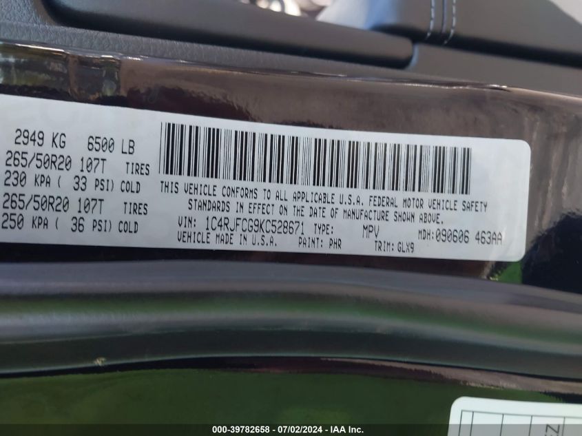 2019 Jeep Grand Cherokee Overland VIN: 1C4RJFCG9KC528671 Lot: 39782658