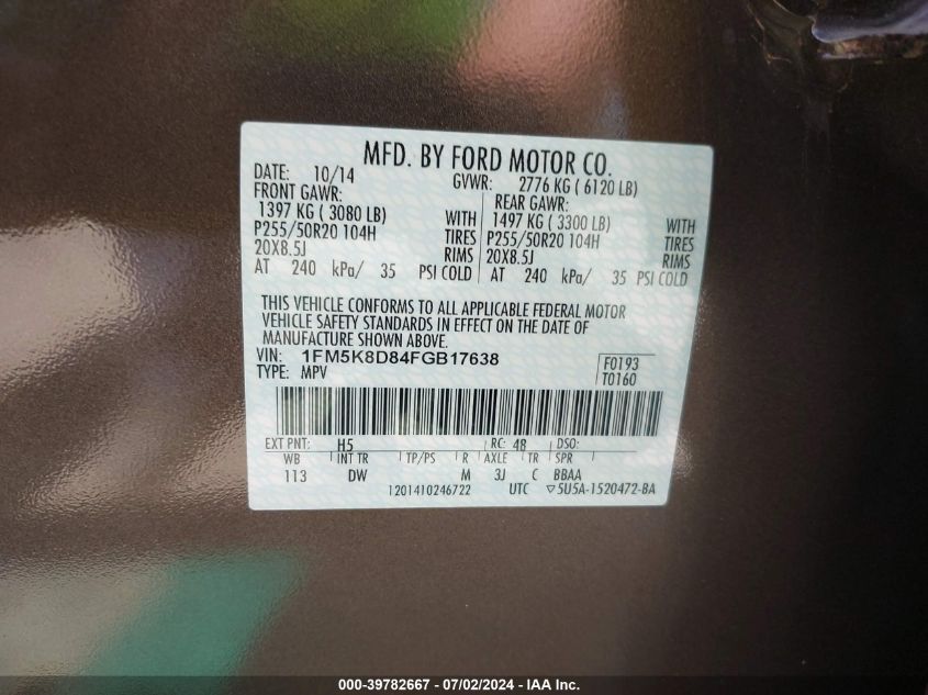 2015 Ford Explorer Xlt VIN: 1FM5K8D84FGB17638 Lot: 39782667