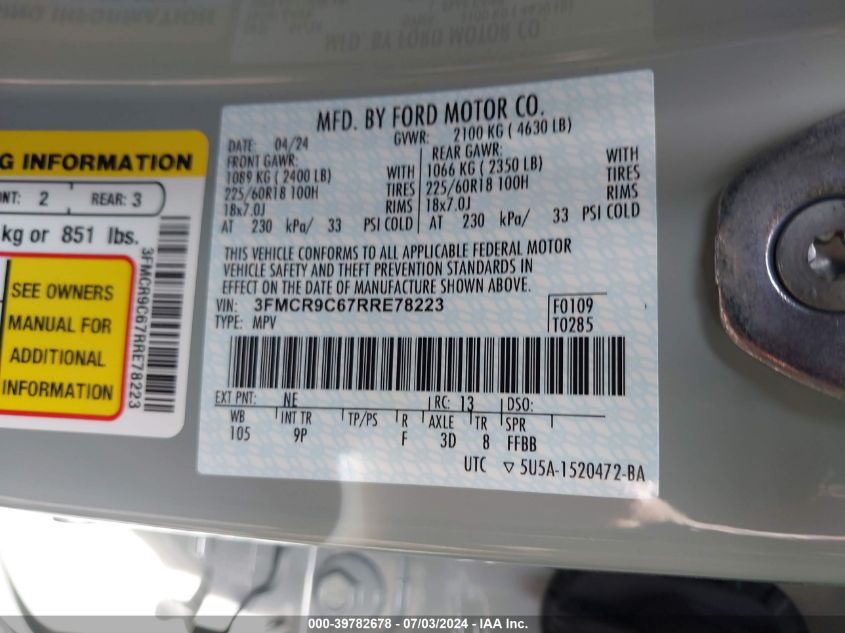 2024 Ford Bronco Sport Outer Banks VIN: 3FMCR9C67RRE78223 Lot: 39782678