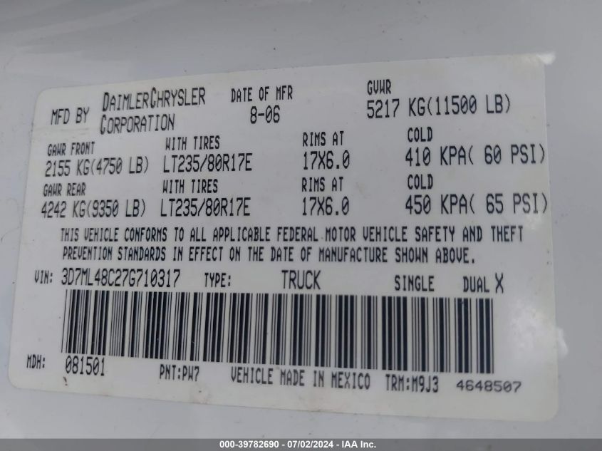 2007 Dodge Ram 3500 Slt/Sport VIN: 3D7ML48C27G710317 Lot: 39782690
