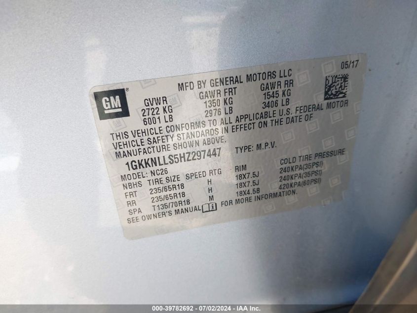 2017 GMC Acadia Sle VIN: 1GKKNLLS5HZ297447 Lot: 39782692