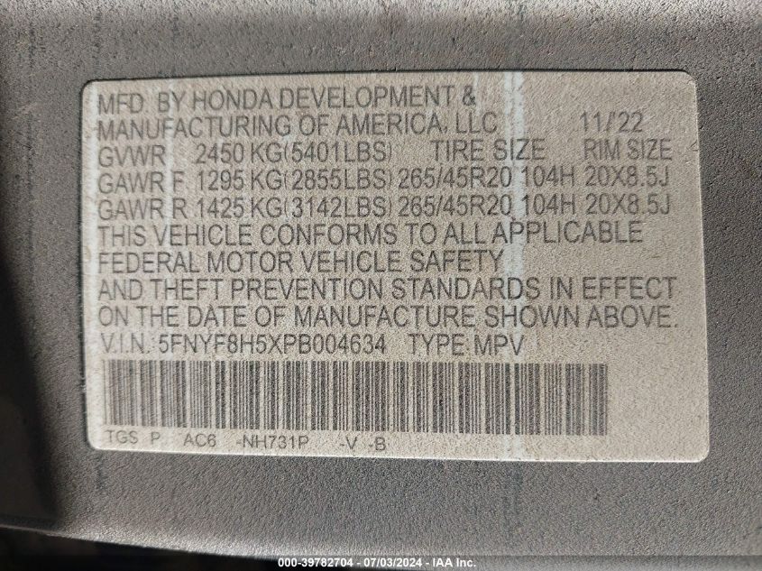 2023 Honda Passport Awd Ex-L VIN: 5FNYF8H5XPB004634 Lot: 39782704